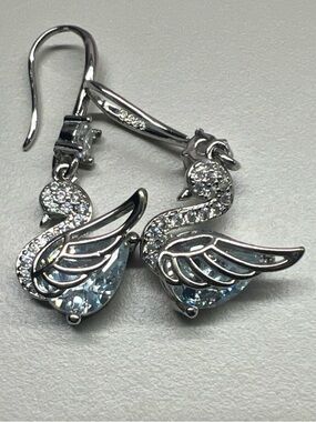 925 Silver Swan Drop Earrings with Clear Blue Crystals - Women Jewelry